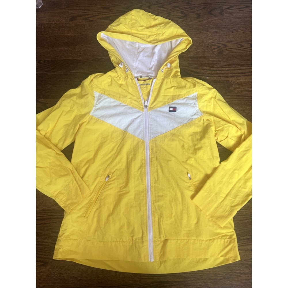 Tommy Hilfiger Jacket Mens Size L Yellow Full Zip Windbreaker Hooded Logo Nylon